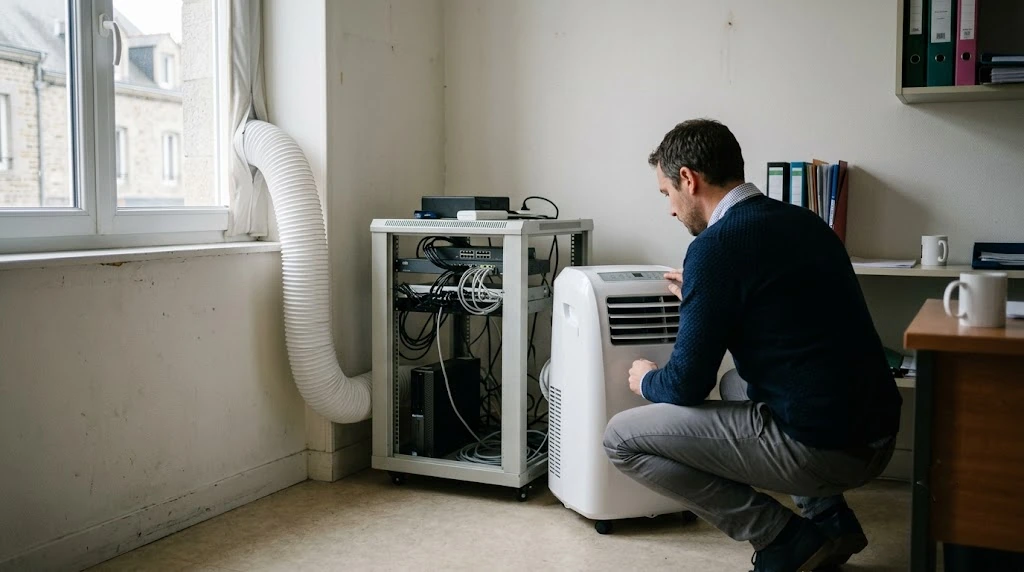 Surchauffe serveur en pleine canicule : 5 réflexes pour protéger votre informatique 6 Un climatiseur mobile installé près d'une baie informatique, gaine d'évacuation vers la fenêtre, dans une PME des Hauts-de-France