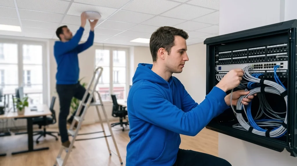 Deux techniciens Dakara installant un réseau d'entreprise : câblage d'une baie murale et pose d'une borne Wi-Fi au plafond