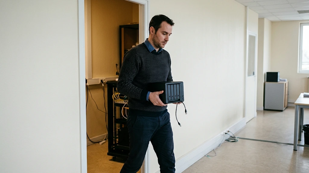 Surchauffe serveur en pleine canicule : 5 réflexes pour protéger votre informatique 5 Une personne déplace un serveur ou un NAS vers une pièce plus fraîche, dans une PME des Hauts-de-France