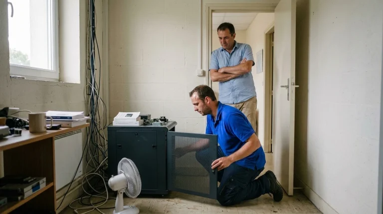 Un technicien ouvre la porte d'une baie informatique pendant la canicule, un ventilateur au sol, dans le local technique d'une PME des Hauts-de-France