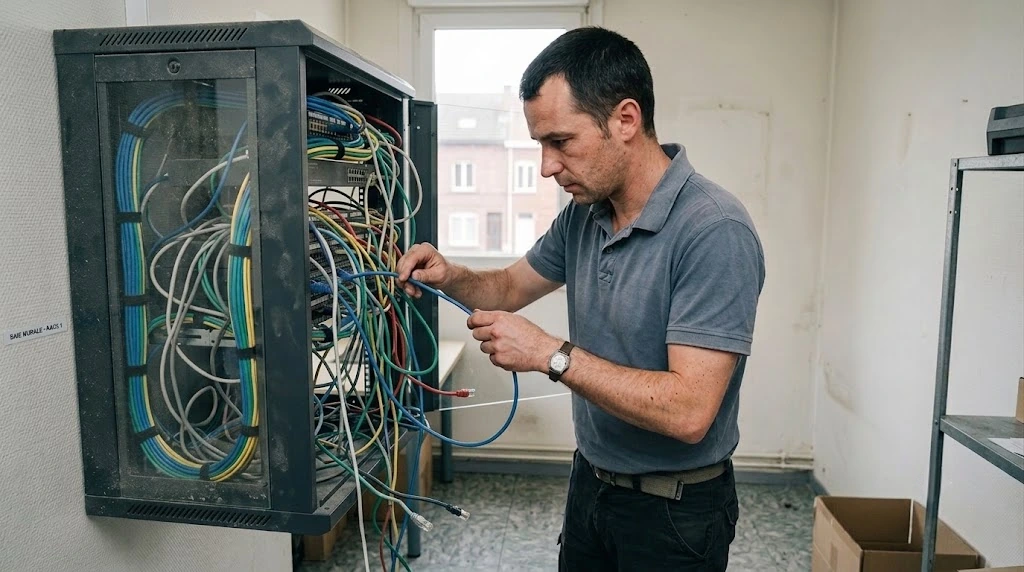 Surchauffe serveur en pleine canicule : 5 réflexes pour protéger votre informatique 3 Un technicien réorganise le câblage d'une baie de brassage encombrée et ouverte, dans une PME des Hauts-de-France