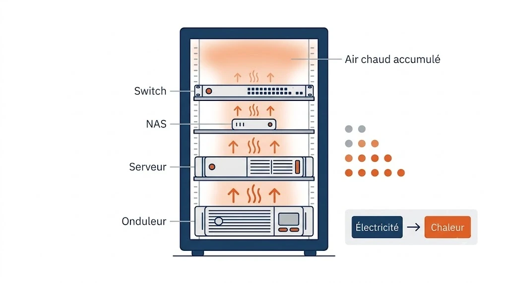 Surchauffe serveur en pleine canicule : 5 réflexes pour protéger votre informatique 1 Schéma : chaque équipement d'une baie (serveur, NAS, switch, onduleur) transforme son électricité en chaleur qui s'accumule en haut de la baie