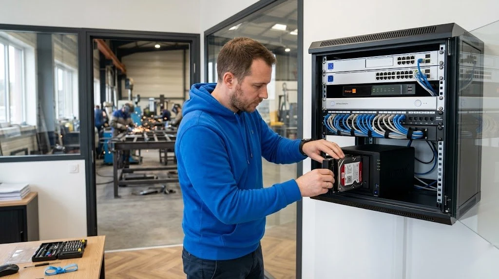 Technicien Dakara installant les disques d'un NAS Synology dans une baie réseau murale, atelier de chaudronnerie en arrière-plan