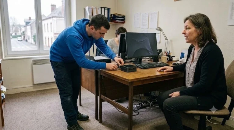 Un technicien de maintenance informatique intervient sur un poste dans les bureaux d'une PME des Hauts-de-France, aux côtés d'une salariée.