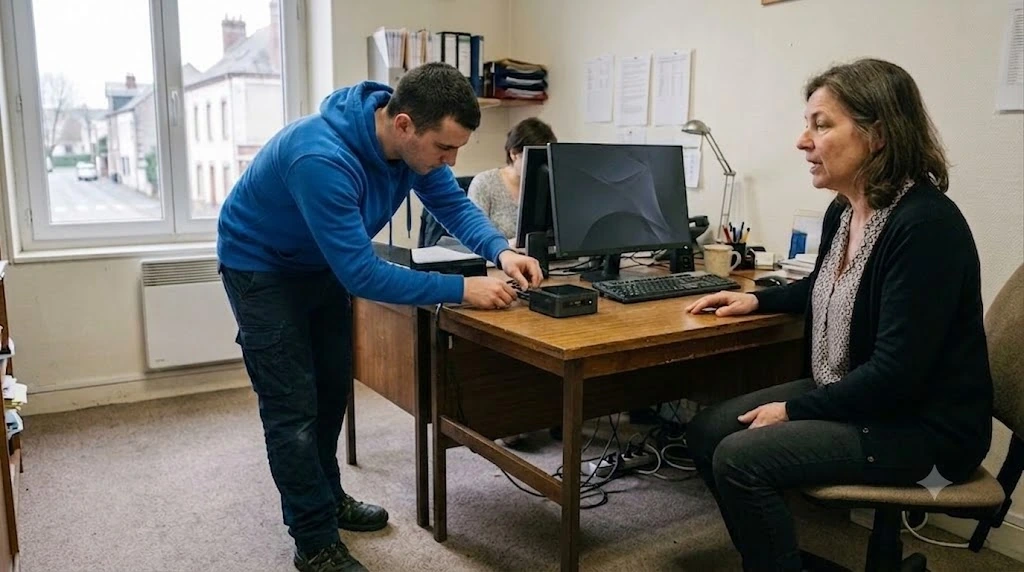 Un technicien de maintenance informatique intervient sur un poste dans les bureaux d'une PME des Hauts-de-France, aux côtés d'une salariée.