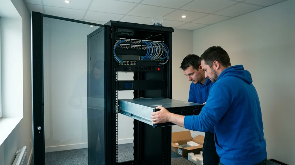 Baie de brassage et serveur montés dans les locaux provisoires lors du déménagement informatique de la mairie